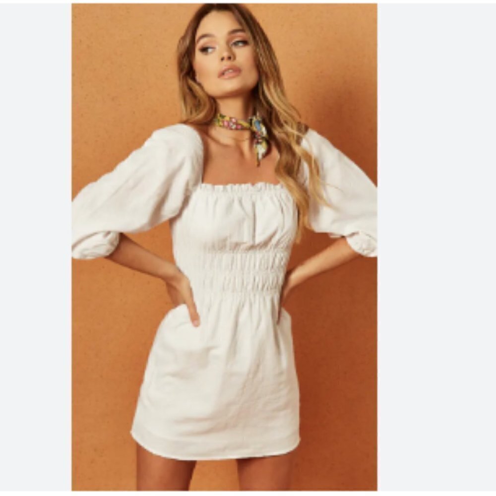 Charlie Holiday Boheme Linen Puff Sleeve Mini Dress Coastal - Picture 2 of 14